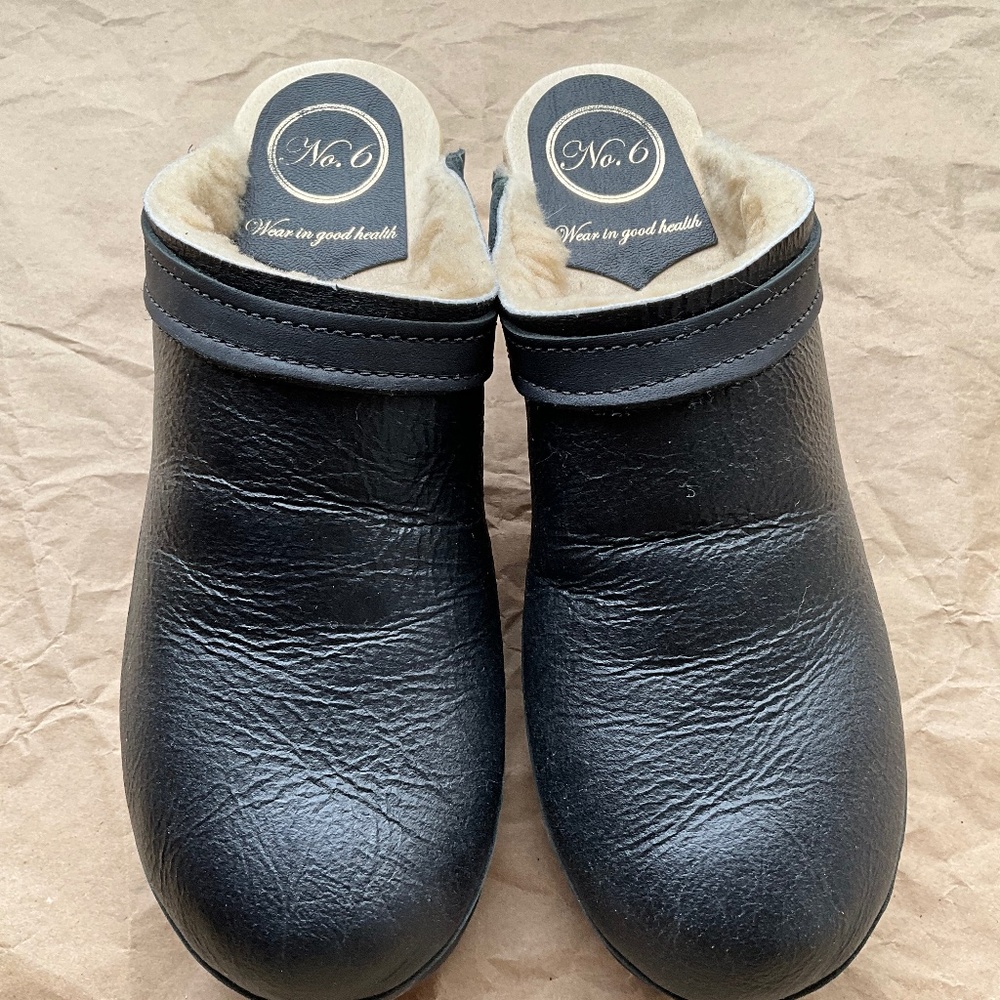 No.6 Dakota Shearling Clog on Mid Heel in Ink Aviator